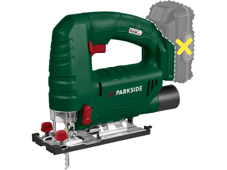 Green electric jigsaw with red accents, battery not included.