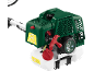 Petrol grass trimmer with starting instructions and fuel information.