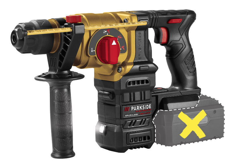 Gold and black cordless rotary hammer drill with auxiliary handle