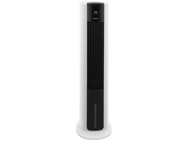White and black tower fan with a digital display showing 2.5 and water level indicators.