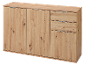 Wooden sideboard with two doors and three drawers, featuring a natural oak finish.