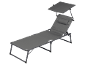 Grey sun lounger with adjustable backrest, headrest, and sun canopy.