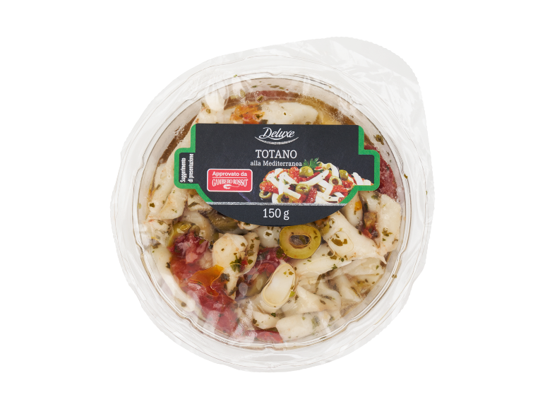 Mediterranean squid with olives and tomatoes in a 150g package.