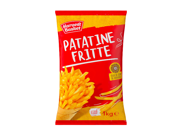 Frozen french fries packaging with 'PATATINE FRITTE' text and 1 kg weight.