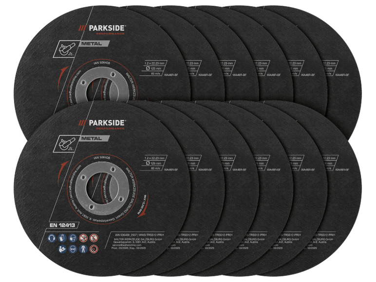 Black metal cutting discs with technical specifications and safety icons.