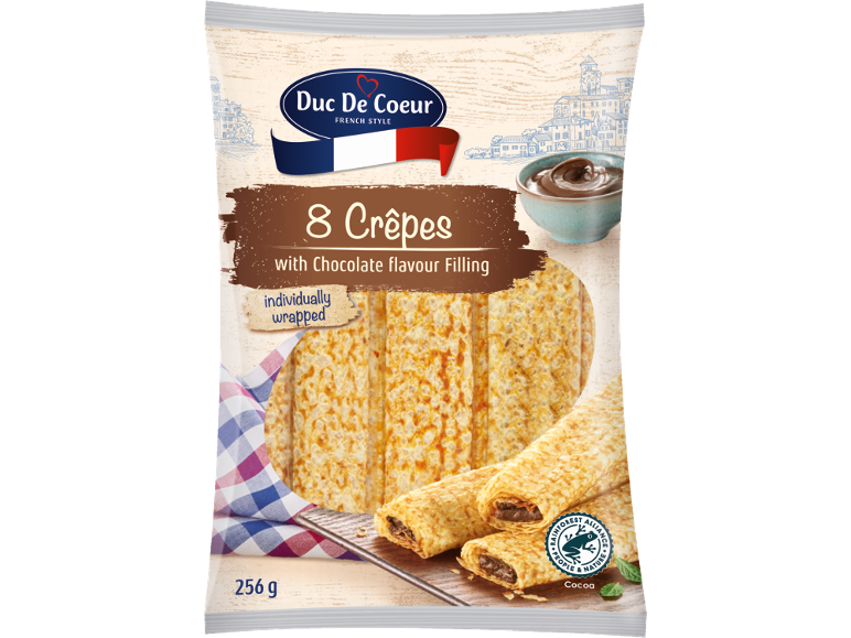 Pack of 8 crêpes with chocolate flavour filling, individually wrapped, French style.