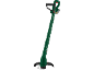 Green cordless grass trimmer with an adjustable handle and a protective guard.