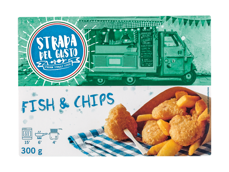 Fish & Chips with an Italian street food truck and cooking instructions.