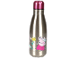 Metal water bottle with a pink cap and a pig character with flowers.