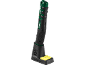 Black and green cordless soldering iron with charging base and sponge.