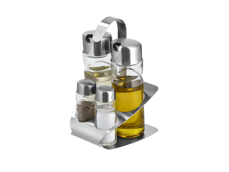 Glass and stainless steel salt, pepper, and oil/vinegar dispenser set.