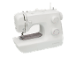 White sewing machine with grey fabric under the needle, with setting dials.