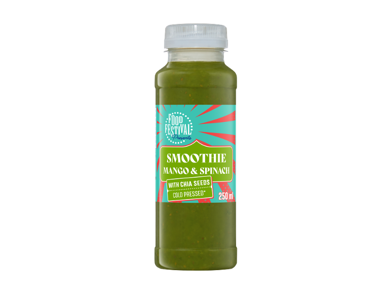 Mango and spinach smoothie with chia seeds, cold pressed, 250 ml.