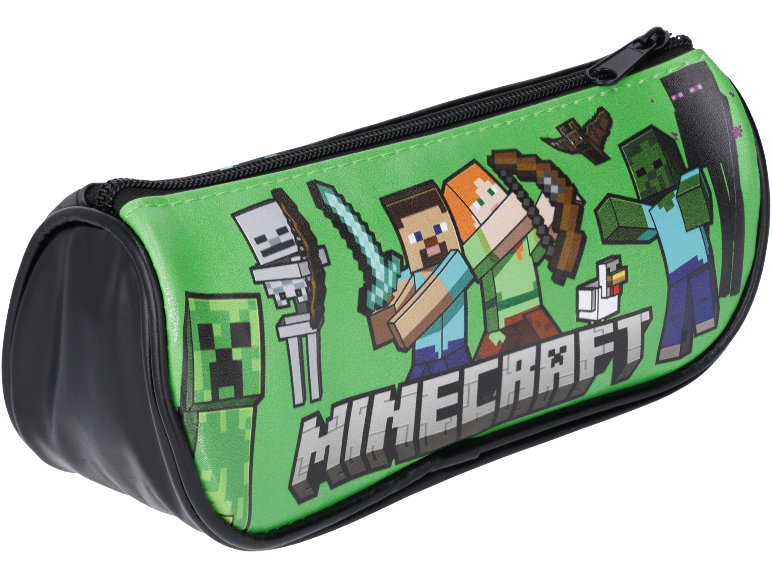 Green pencil case with Minecraft characters and logo.