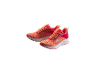 A pair of orange and red running shoes with yellow accents.