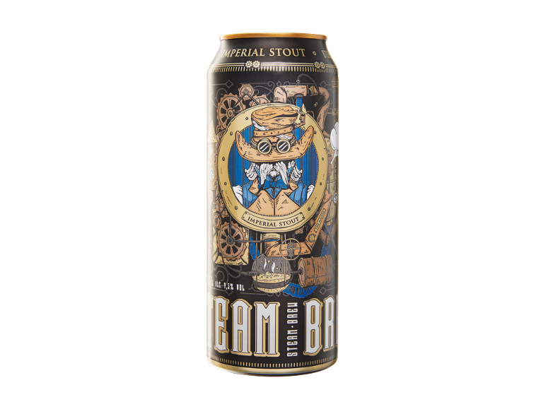Imperial Stout beer in a can with a steampunk illustration of a bearded man.