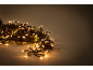 Christmas string lights with pine branches on a neutral background.