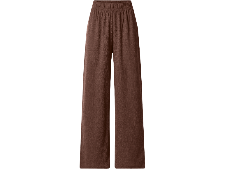 Brown culotte trousers with an elasticated waist and textured fabric.