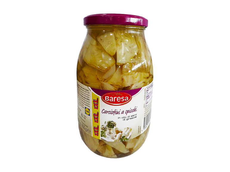 Jar of artichoke hearts in sunflower oil, with the product label.