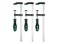Three bar clamps with green handles and black jaws on a black background.