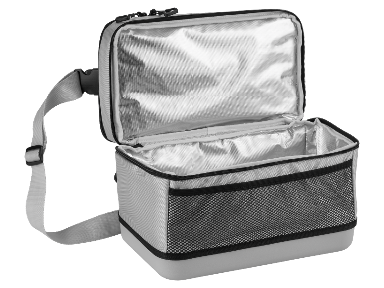 Open portable cooler bag with silver interior and mesh pocket.