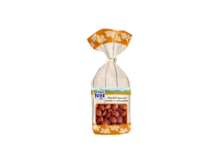 Bag of shelled, roasted, and caramelized peanuts, with a floral pattern.