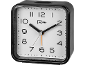 Black square alarm clock with a white face and black numbers.