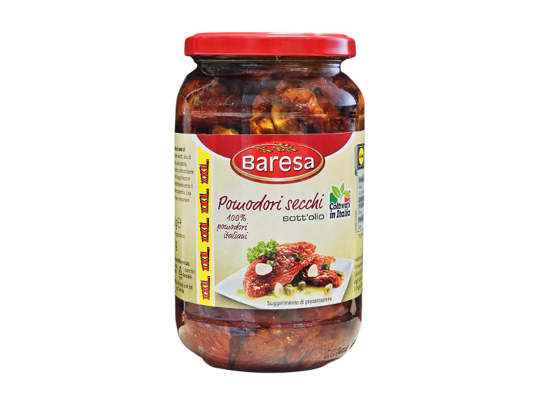 Jar of sun-dried tomatoes in oil, with a label indicating '100% Italian tomatoes'.