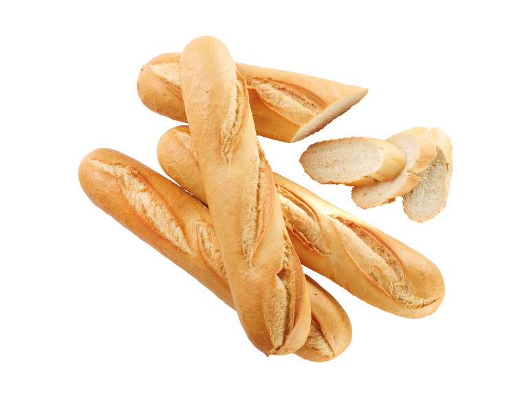 Loaves of bread and sliced baguettes, with some separated slices.