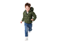 Boy in green puffer jacket and blue jeans running