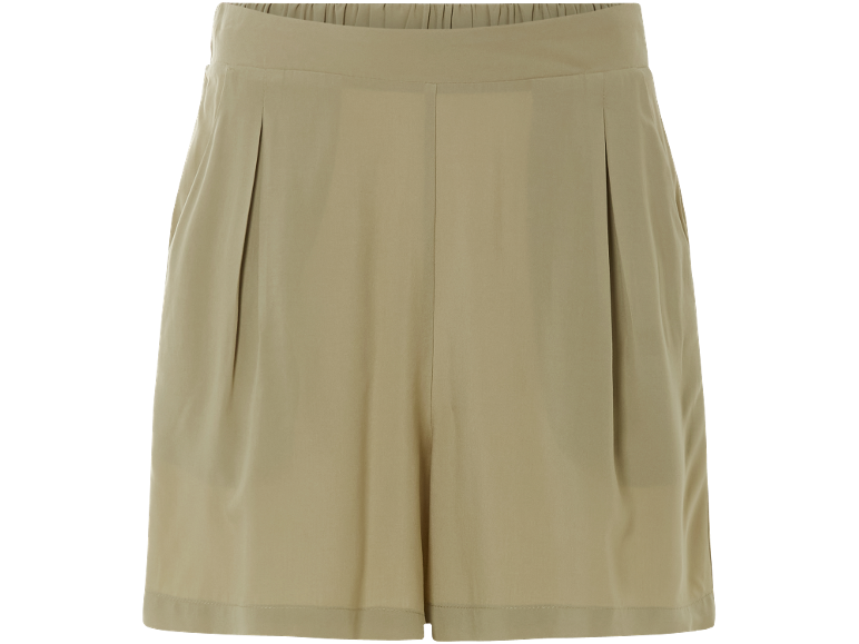 Women's khaki shorts with an elastic waistband and pleats.