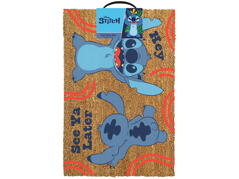 Coir doormat with Stitch, one waving and one crawling, with 'Hey' and 'See Ya Later' texts.