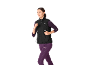 Woman in black running vest and purple running leggings.