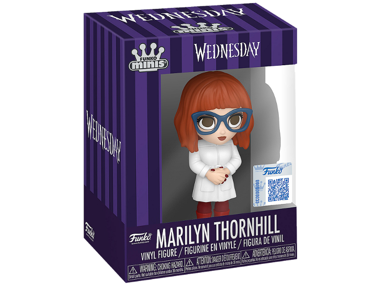 Wednesday vinyl figure Marilyn Thornhill, white coat and blue glasses.