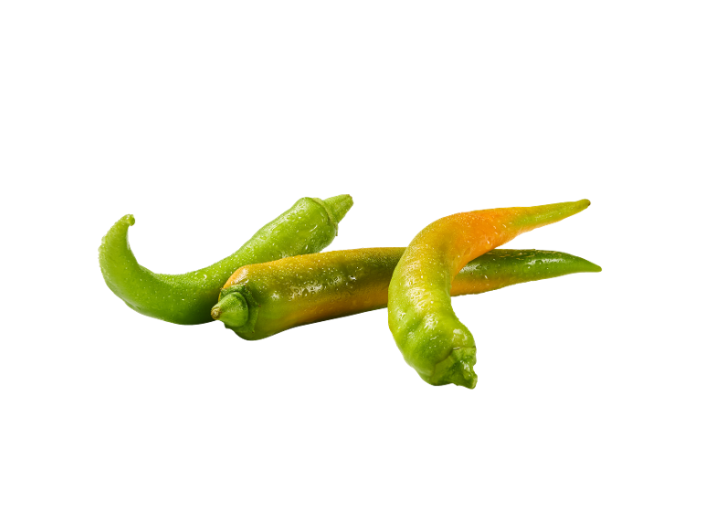Three green chili peppers with water droplets.