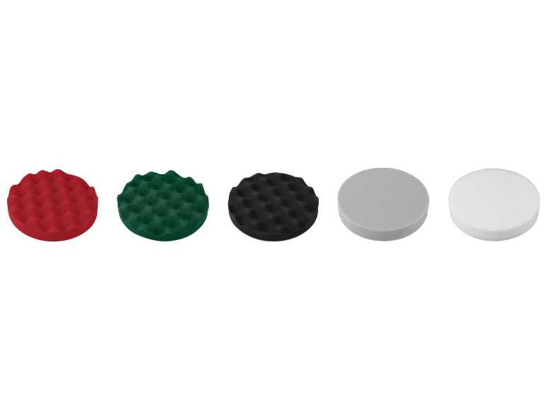Five polishing pads of different colors and textures for car care.