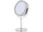 Round chrome cosmetic mirror with LED lighting and base.