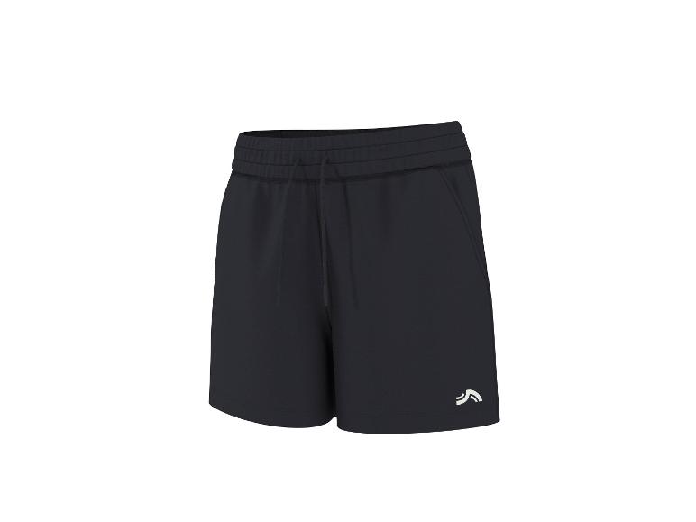 Black men's sports shorts with a drawstring and a white logo on the left leg.