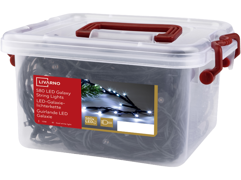 580 LED Galaxy String Lights in a clear storage box, cool white light.