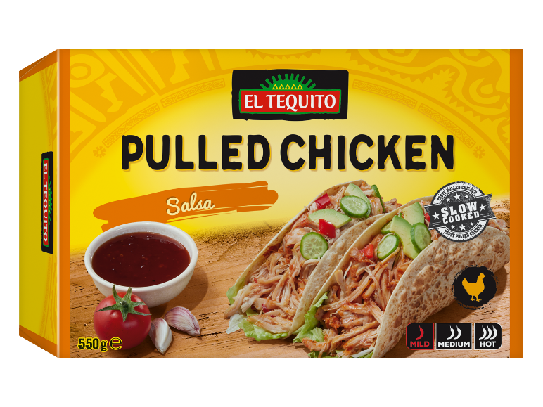 Box of pulled chicken with salsa, served with tacos and fresh ingredients.