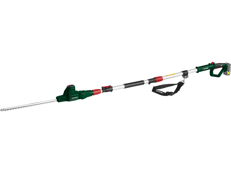 Cordless pole hedge trimmer with adjustable head and shoulder strap.