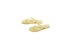 A pair of light yellow flip-flops with text on the sole.