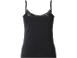Black women's camisole with thin straps and lace trim.