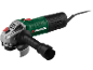 A green and black electric angle grinder with a side handle.