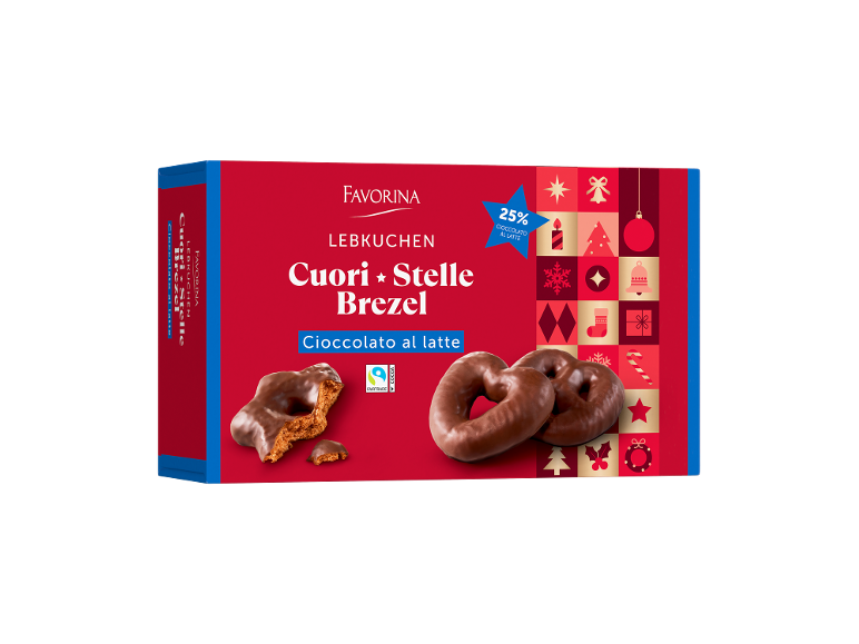 Red packaging of chocolate-covered gingerbread cookies in heart, star, and pretzel shapes.