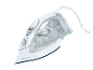White steam iron with a transparent water tank and a grey cord.