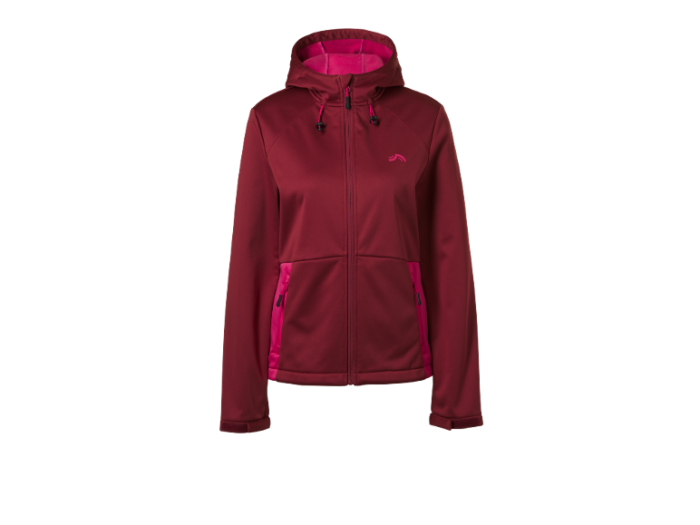 Women's burgundy softshell jacket with pink details and a hood.