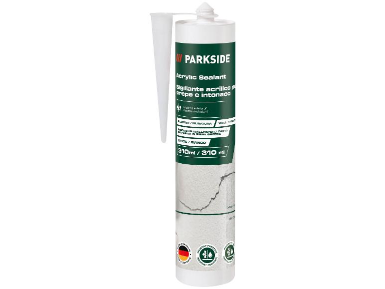 White 310 ml acrylic sealant tube for interior and exterior, weather-resistant.