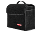 Black felt car storage bag with a red logo.
