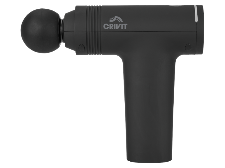 Black massage gun with a round attachment and CRIVIT logo